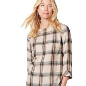 J. Jill Women’s Size Small Petite Plaid Beige Scoop Neck Short Sleeve 3/4 Sleeve